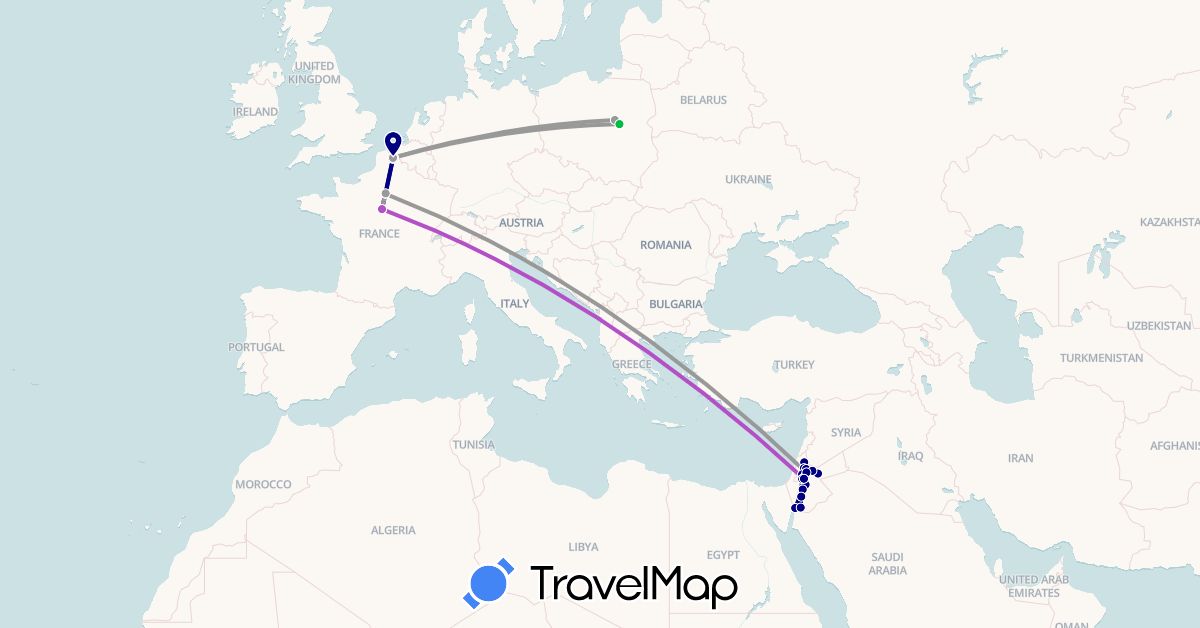 TravelMap itinerary: driving, bus, plane, train in France, Israel, Jordan, Poland (Asia, Europe)